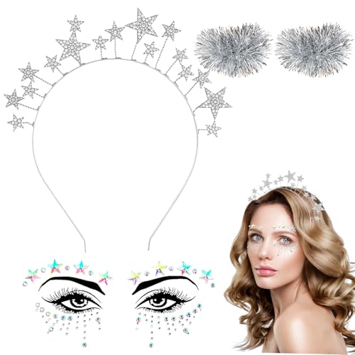JrnSvp 4 Stück Haarreif Sterne Set Strasssteine Silber Stirnband & Glitzer Gesicht Sticker Sternen Haarreif für Karneval Hochzeit Halloween Masquerade Geburtstag Kostümparty