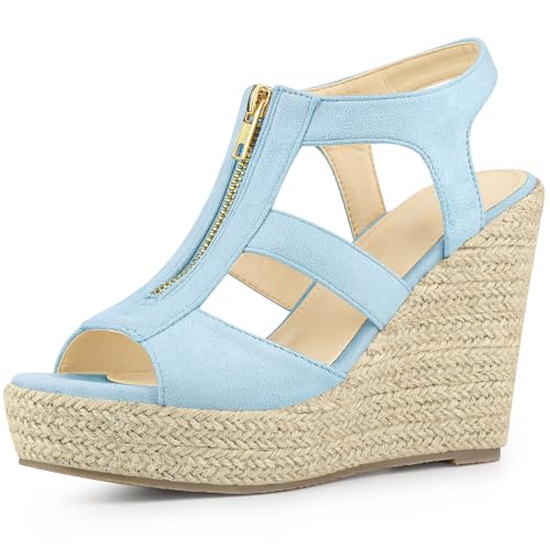 Allegra K Women's Wedges Zipper Sandals Platform Wedges Heels Light Blue Sandals 7.5 M US