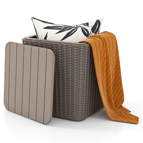 Tangkula 11.5 Gallon Water-proof Deck Box Outdoor Patio Storage Box w/Removable Lid & Faux Rattan Storage Container Side Table All Weather Patio Furniture Extra Seat for Poolside (Brown)