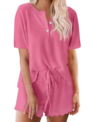 Image of Ekouaer Pajamas Set for Women Short Sleeve Lounge Set 2 Piece Loungewear PJs Soft Cute Lightweight Sleepwear,XX-Large Rose