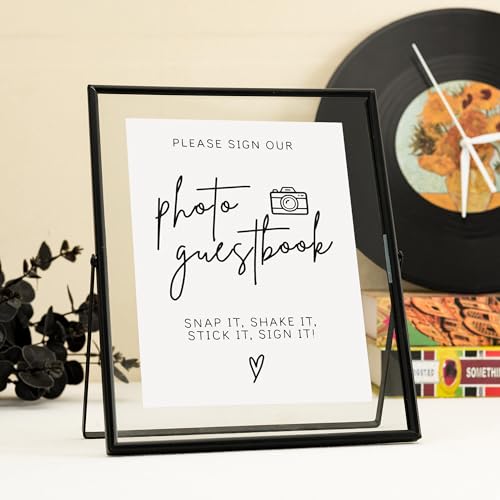 Image of Calculs Photo Guest Book Sign, 10x12 Black Floating Picture Frame | Double glass metal frame, fits 8x10 insert, photo guest book station, reusable tabletop frame for signs and photos