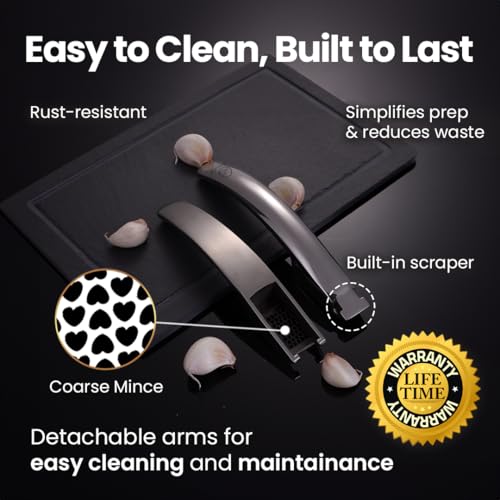 No Peeling Required Garlic Press Stainless Steel with Detachable Handle for Coarse Mincing - Premium Garlic Mincer Tool, Rust-Proof, Easy to Clean, Dishwasher Safe Garlic Crusher with 5-Year Warranty