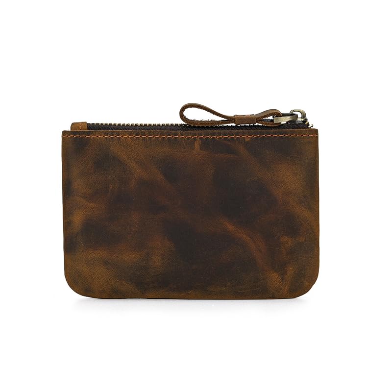 Genuine Leather Small Zipper Pouch Coin Purse Change Holder (Brown)