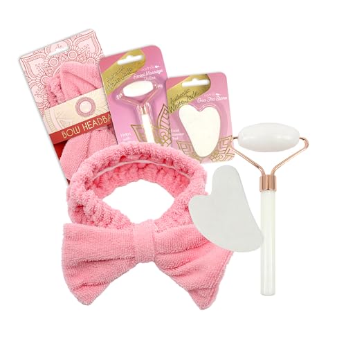 Earth & I Fuzzy headband White Jade Roller & Face Guasha Set 3pc,...