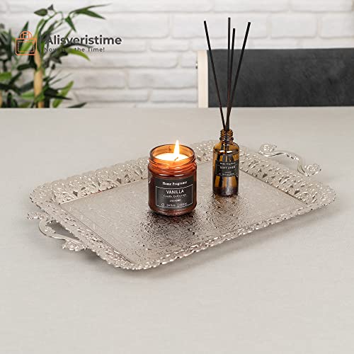 Alisveristime Turkish Ottoman Authentic Floral Design Zamak Serving Tray for Coffee & Tea (16.50 in x 11 in) (Silver)