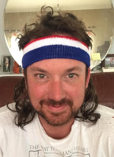 Image of Mullet Wig with Red White Blue Headband, 70s 80s Retro Curly Wig for Men Women, Perfect for Halloween, 80s Themed Parties, Cosplay Costume (Black)