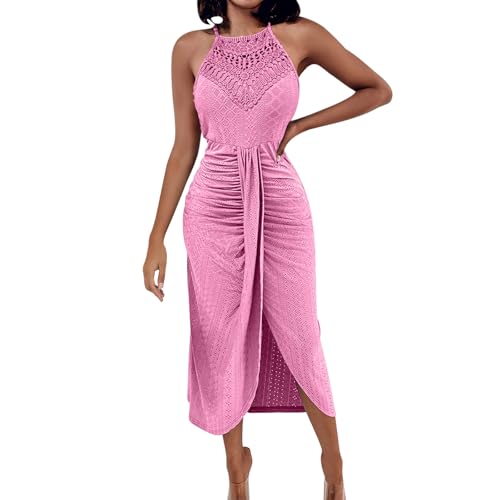Zeiayuas Bohemian Beach Dress for Women Spaghetti Strap Lace Maxi Dresses Party Evening Wedding Guest Outfits Sexy Halter Neck Sleeveless Sundress Casual Boho Ruffle Pleated Dress Pink