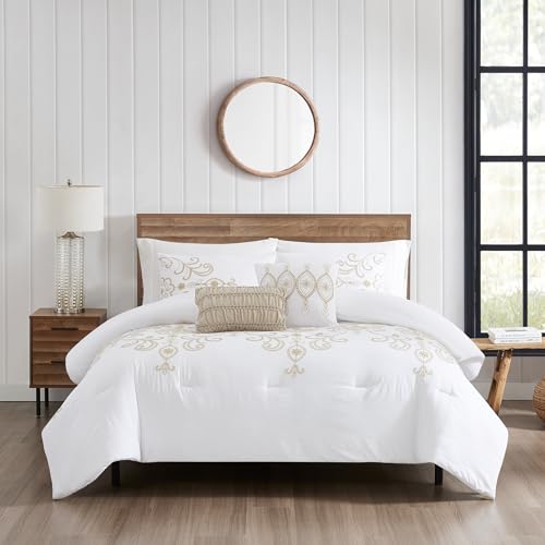 Image of Modern Threads Sabrina Embroidered Comforter Set - 5 Piece White Bed Set with Gold Detailing, Decorative Pillows & Shams, Luxuriously Soft Jacquard Bedding, Queen