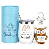 FTUREERA Abschiedsgeschenk Kollegen, 12 oz Edelstahl Thermosbecher Geschenk Abschied Kollegin mit Gestricktes Eulen Puppe Schlüsselanhänger Dankeskarte, Geschenk für Abschied Kollegin Jobwechsel