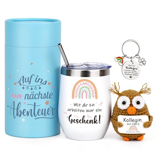 FTUREERA Abschiedsgeschenk Kollegen, 12 oz Edelstahl Thermosbecher Geschenk Abschied Kollegin mit Gestricktes Eulen Puppe Schlüsselanhänger Dankeskarte, Geschenk für Abschied Kollegin Jobwechsel