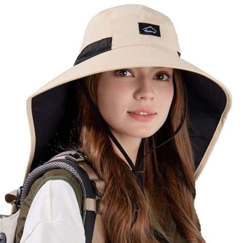 Image of Rosoz Outdoor Sun Hat for Men Women, UPF50+ Protection Safari Cap Wide Brim Mesh Fishing Hat with Neck Flap Beach Garden
