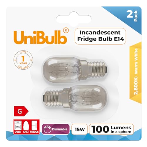 Unibulb 15W E14 Fridge Light Bulb 230V-240V Pygmy SES Incandescent Bulbs 2800K Warm White | Suitable for Salt Lamps Ovens Fridges or Freezers | Small Edison Screw Base (2)