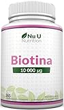 Biotina para el Cabello 10,000 mcg - 365 Comprimidos Veganos - 1 Año de Suministro - Vitamina B7 para Mujer y Hombre - Biotina para Piel, Uñas y Barba - Nu U Nutrition