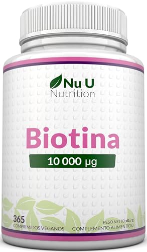 Biotina para el Cabello 10,000 mcg - 365 Comprimidos Veganos - 1 Año de Suministro - Vitamina B7 para Mujer y Hombre - Biotina para Piel, Uñas y Barba - Nu U Nutrition