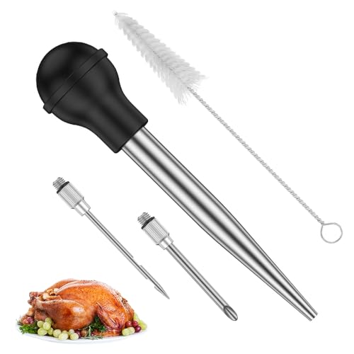 Aoreun Poire à Jus, Poires à Sauce en Acier Inoxydable 304 et Caoutchouc, Pipette Cuisine pour Sauce, Seringues à Rôtir Aiguille d'Injection avec Brosse de...