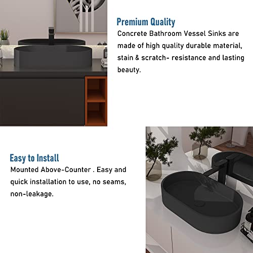 Casainc Oval Vessel Sink With Pop Up Drainer, 22.6'' Concrete Countertop Bathroom Sink, Black Above Counter Bowl Basin, Modern Artistic Bathroom Vanity Sink (Black Earth) #TOP2