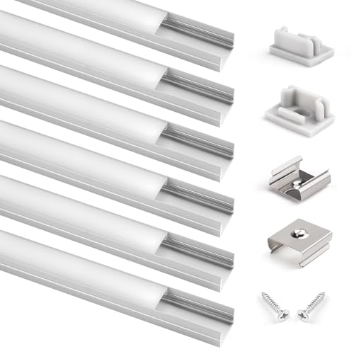 Ledalumtrus 6-Pack 3.3ft/1 Meter U Shape LED Channel with Milky Cover, End Caps and Mounting Clips, Aluminum Channel for Small Strip Tape Light for Under Cabinet