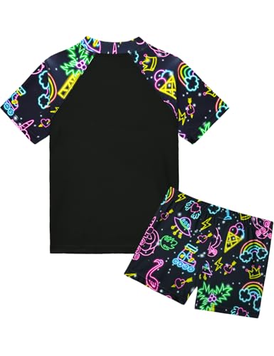 Image of Girls Swimsuit Colorful Short Sleeve Bathing Suits UPF 50+ Rash Guard Set Two Piece Summer Swimwear