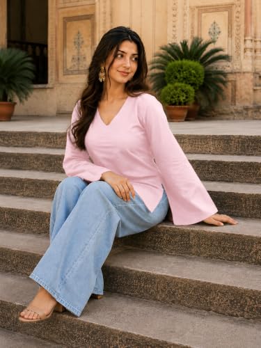 Image of Women's Cotton Short Kurti Black Solid Plain V Neck Full Bell Sleeve Casual Stylish Short Kurta for Women for Jeans Daily Girl Top