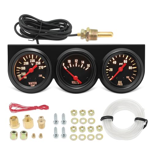 MH 2inch 52mm Triple Gauge Set, Oil Pressure Gauge (0-100PSI) +Water Temperature (100°F-280°F) +Voltmeter 8-16V Automotive Car Auto 3 gauges Cluster kit Black