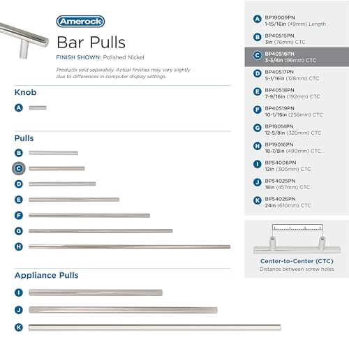 Image of Amerock 10 Pack 3-3 /4 inch Bar Pulls Polished Nickel Drawer Pull | 3-3 /4 inch (96mm) Center-to-Center Mounting Distance and 6-1 /8 inches Overall Length, Durable Carbon Steel Cabinet Hardware