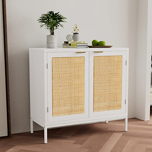 Anmytek Rattan Cabinet, White Sideboard Buffet With Storage Spacious Storage Cabinet With 2 Rattan Decorated Doors Fixed Shelf Large Space For Living Room Hallway Entryway Dining Room, H0012 #TOP26