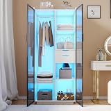 Lvifur 71” LED Armoire Wardrobe Closet with Hanging Rod, Auto Sensor Wardrobe Cabinet with Dimmable Lights, Wooden Closet for Bedroom with Drawers and Adjustable Shelves (White)
