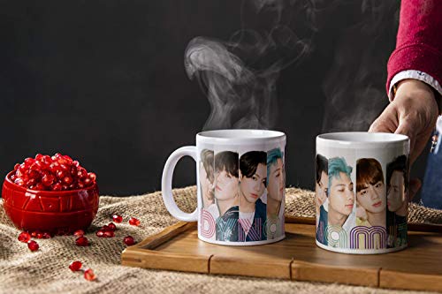 4GIFTSAKE BTS Dynamite Mug Korean Boy Band Coffee Cups Easy Grip C-Shaped Handle Tea Coffee Ceramic Cup Ideal Presents for BTS Army Hard Core Fans Friends Music Lovers (White)