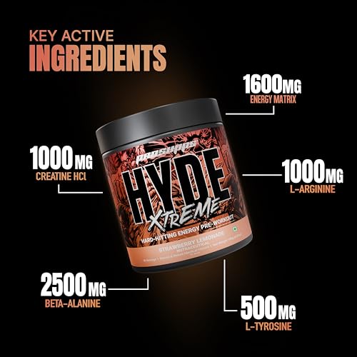 Image of Prosupps HYDE Xtreme Pre-Workout - Strawberry(195g) | 30 Servings | 200mg Caffeine, 2500mg Beta-Alanine & 1000mg Creatine HCL | L-Arginine & L-Tyrosine for Focus | Vitamins B6, B12 & C | Lab Tested