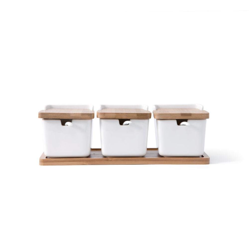 Lot de 4 pots à épices en céramique avec cuillère, boîte et couvercle en porcelaine – Récipient de rangement pots à condiments en céramique, 3 noirs (demi-cercle) vision