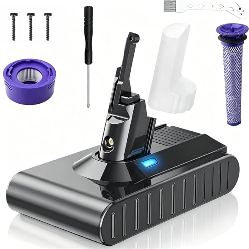 6000mAh Upgraded Li-ion Replacement Battery for V8 Series Cordless Vacuums Battery for Dyson V8 Compatible with Animal/Absolute/Motorhead/Fluffy/Extra/Mattress/SV10 Vacuum Cleaner with 2 Filters