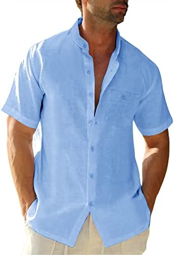 Xenuay Mens Button Down Shirts Short Sleeve Casual Summer Beach Cotton Linen T-Shirts Band Collar Slim Fit Shirt with Pocket Blue