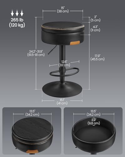 Image of VASAGLE EKHO Collection - 360 Swivel Bar Stools Set of 3, Height Adjustable Barstools with Storage, Synthetic Leather with Stitching, Mid-Century Modern, Kitchen Bar, Easy Assembly, Ink Black