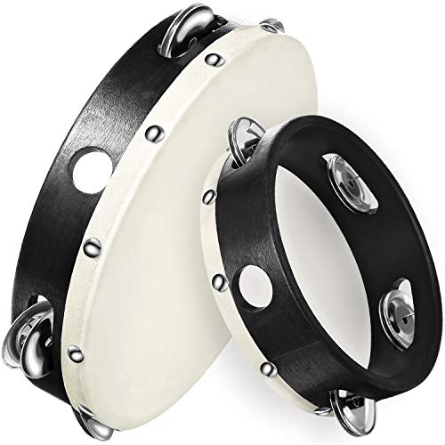 2 Pieces (6 Inch and 8 Inch) Wood Handheld Tambourine Single Row, Tambourines with Jingle Bells(Black)