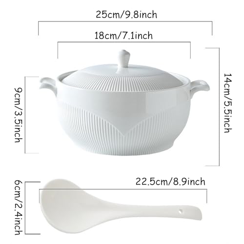 Elegancka ceramiczna miska do zupy z pokrywką, pojemność 3 l, trwała porcelanowa miska do serwowania z uchwytem i łyżką, nadaje się do kuchenki mikrofalowej i zmywarki, 1,8 l