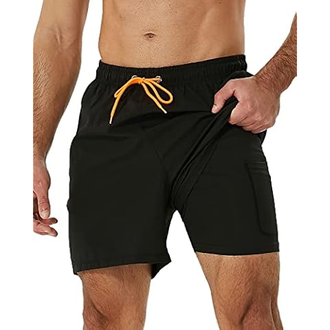 SILKWORLD Mens 2 in 1 Swimming Trunks with Compression Liner and Zipper Pockets Cover