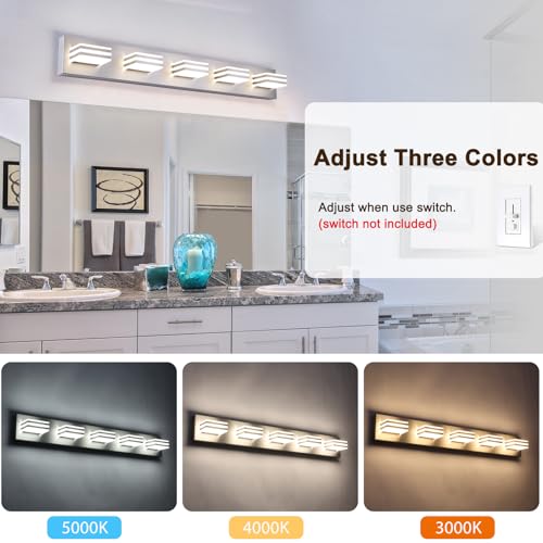 Image of LED Wall Brushed Nickel Vanity Lights for Bathroom Light Fixtures 30W Adjust 3 Colors Modern Bath Lighing Over Mirror LED Vanity Light (5-Light,34inch)