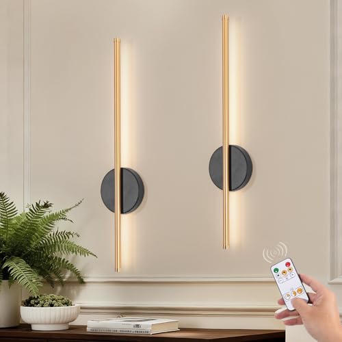 Kimjo 60cm Battery Operated Wall Lights, Rechargeable Wall Lamps with Timer Function, Wireless Wall Sconce with Dimming Function, Black and Gold Wall Mounted Lights with Remote Control, 2 Packs
