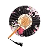 MIUPOO Japanese Fan Art Deco Round Fabric Print Bamboo Fans,Bamboo Round Folding Fans,Chinese Foldable Hand Fan for Women Birthday Wedding Party Home Decorations,Black