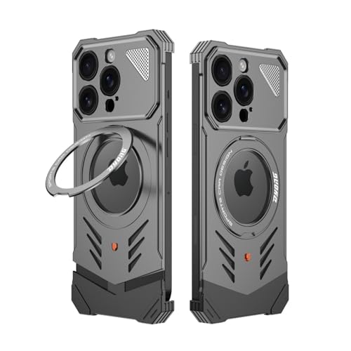 iPhone 16 Pro Max ケース 冷却 放熱 薄型 リング360°回転スタンド 縦横両対応 ワイヤレス充電対応 耐衝撃 いphone 16 Pro Max 冷却ケース MagSafe対応スタンド機能 アルミ合金製 スマホ冷却 放熱 アイフォン 1