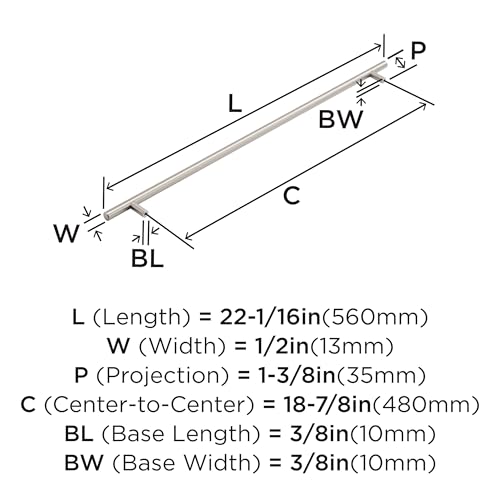 Image of Amerock 18-7 /8 inch Bar Pulls Satin Nickel Drawer Pull | 18-7 /8 inch (480mm) Center-to-Center Mounting Distance and 22-1 /16 inch Overall Length, Durable Carbon Steel Cabinet Hardware