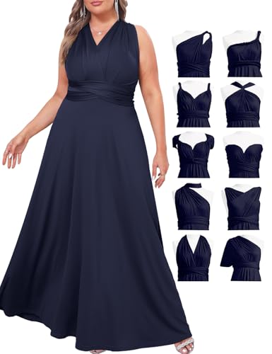 ZOMVA Plus Size Infinity Bridesmaid Dress with Bandeau Convertible Long Maxi Formal Evening Gown Prom for Wedding, Navy, Floor Length, L-XXL