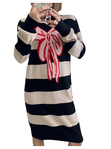 Image of MakeMeChic Women's Y2k Bow Sweaters Striped Crew Neck Long Sleeve Knit Oversized Sweater Pullover Top Black Large