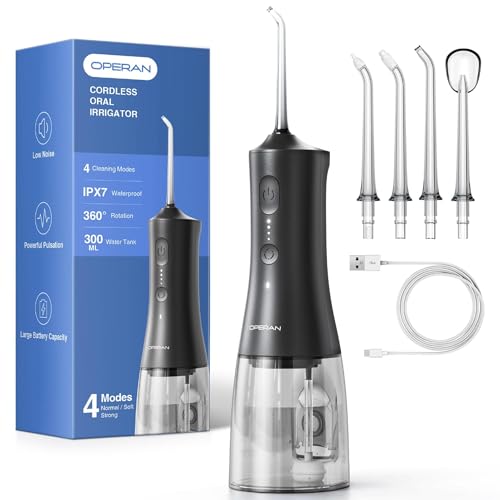 Operan 300ml Cordless Water Dental Flosser, Portable Water Flossers for Teeth, 4 Pulse Modes IPX7 Waterproof Oral Irrigator with 4 Tips, 21 Days Runtime for Travel, Home, Braces, Gum Care, B