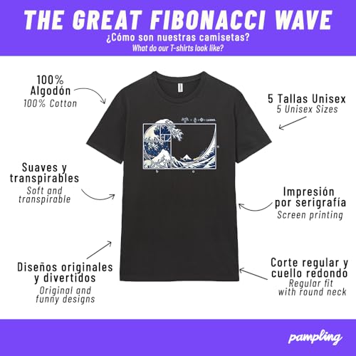 Pampling T-Shirt à Manches Courtes, 100% Coton, Vêtement Unisexe pour Homme et Femme, Sérigraphié avec Col Rond et Coupe Droite, Couleur Gris (The Great Fibonacci Wave, XL) – vue 6