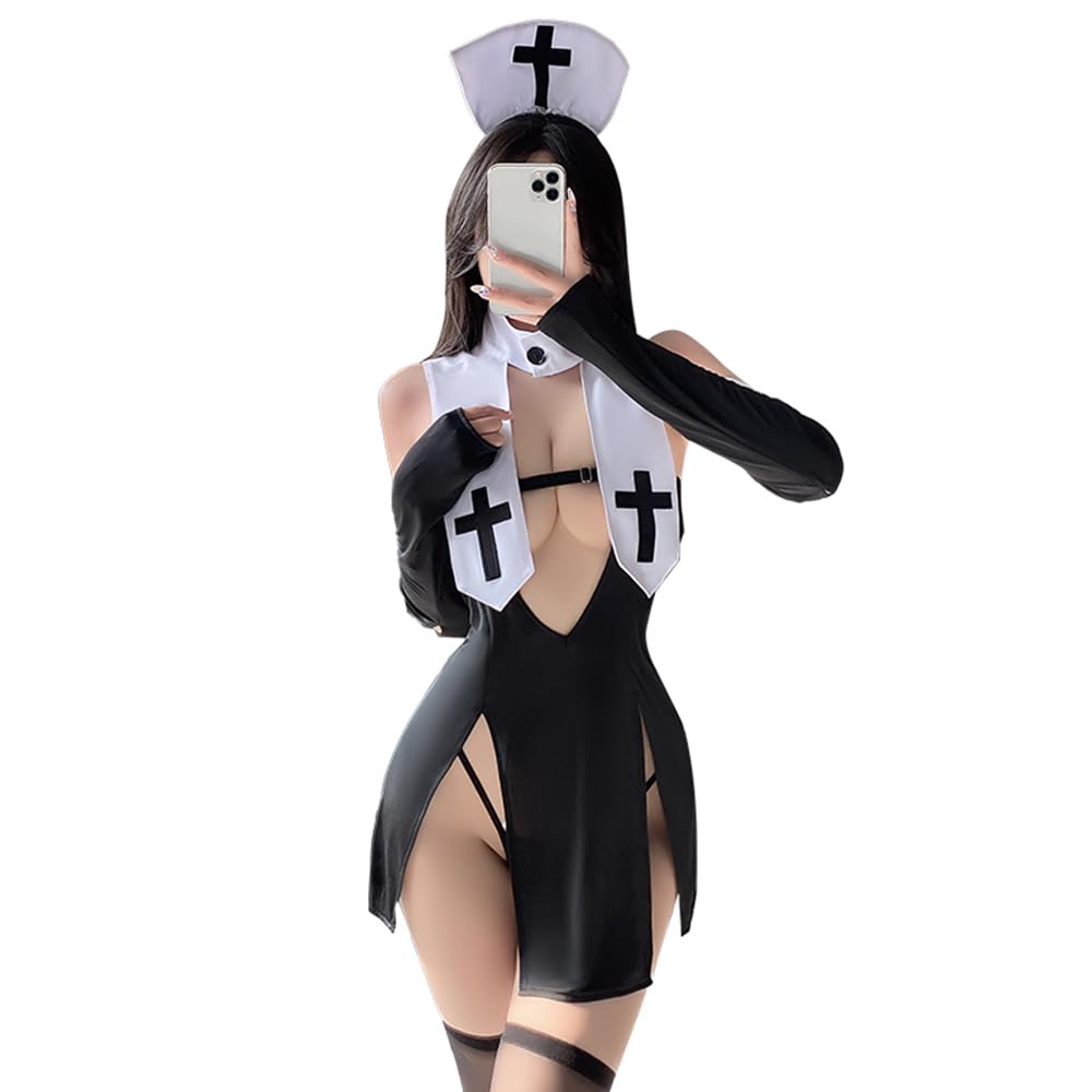 SINROYEE Sexy Nun Devil Cosplay Lingerie Women Halloween High Slit Slutty Costume