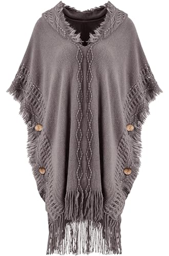 FEOYA Women's Hooded Poncho Sweater with Decorative Buttons Fringe Wraps Knit Tassel Pullover