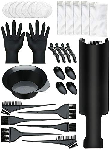 28 Pieces Hair Dye Coloring Kit Include Hair Tinting Bowl Hair Dye Brush Hair Highlighting Board Ear Cover Gloves Clips Disposable Hair Coloring Cape Shower Cap for DIY Salon Home, 9 Kinds of Tools