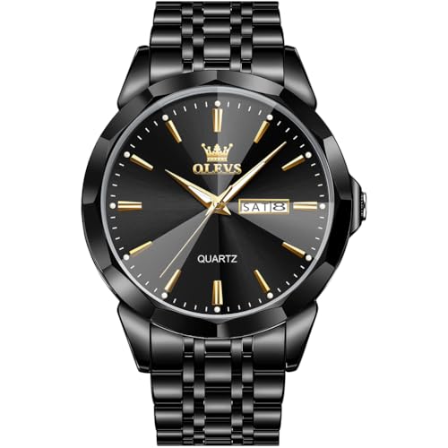 OLEVS Watch for Men Diamond Business Dress Analog Quartz Stainless Steel Waterproof Luminous Date Two Tone Luxury Casual Wrist Watch Black