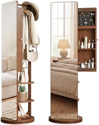 69" H Solid Wood Mirror Jewelry Cabinet,360°Swivel Jewelry Organi...